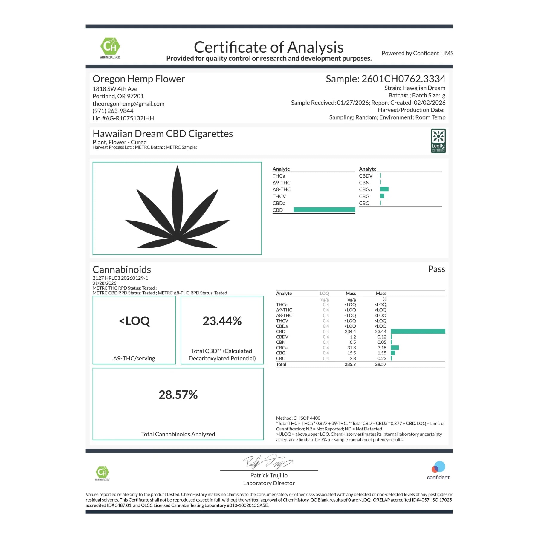 Certificate of analysis for Hawaiian Dream 28.57% CBD cigarettes with hemp flower cannabinoids and black cannabis leaf logo