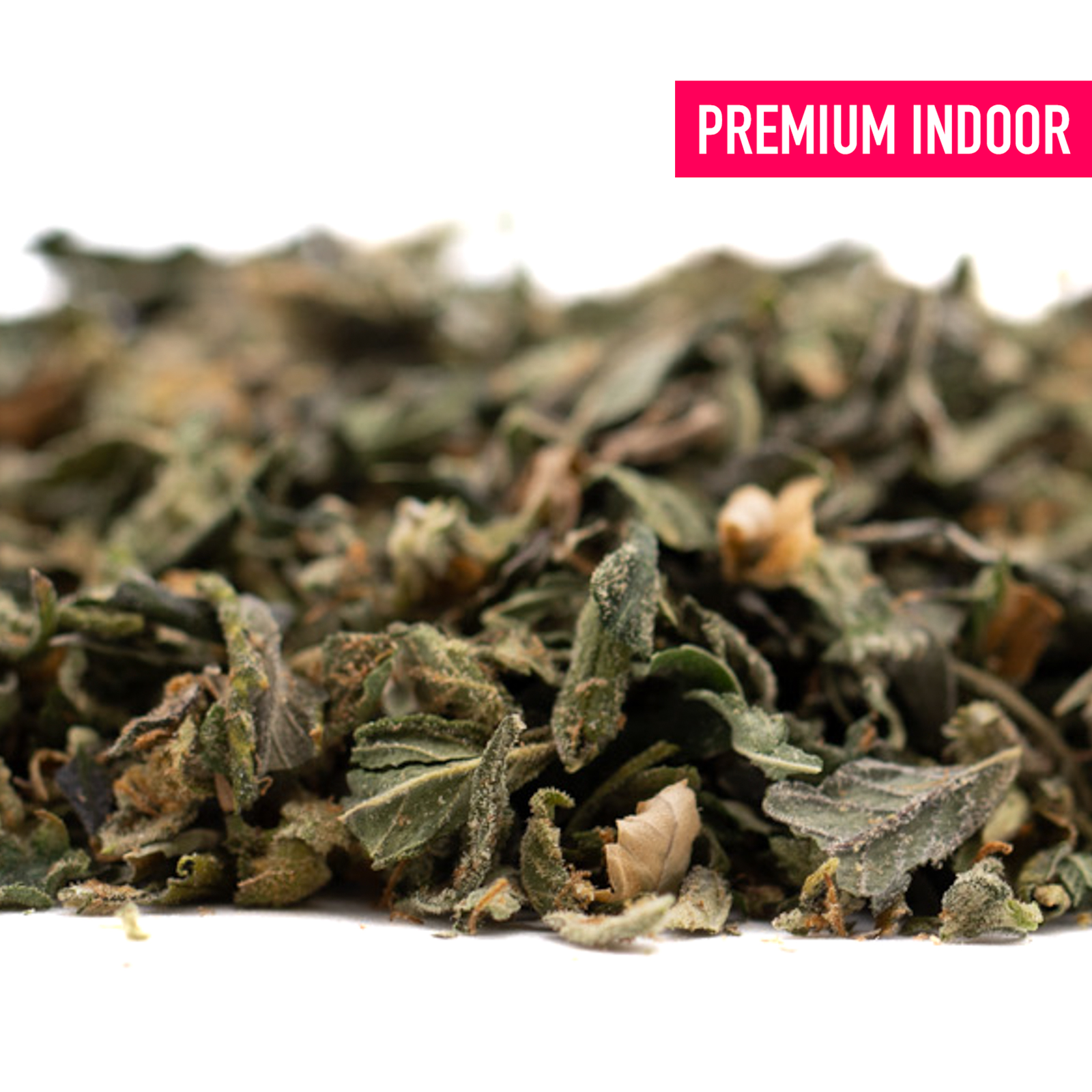 Dried green herbs with brown pieces for Hooch Indoor THCa Trim Wholesale 1LB, purple city genetics, rich trichome coverage