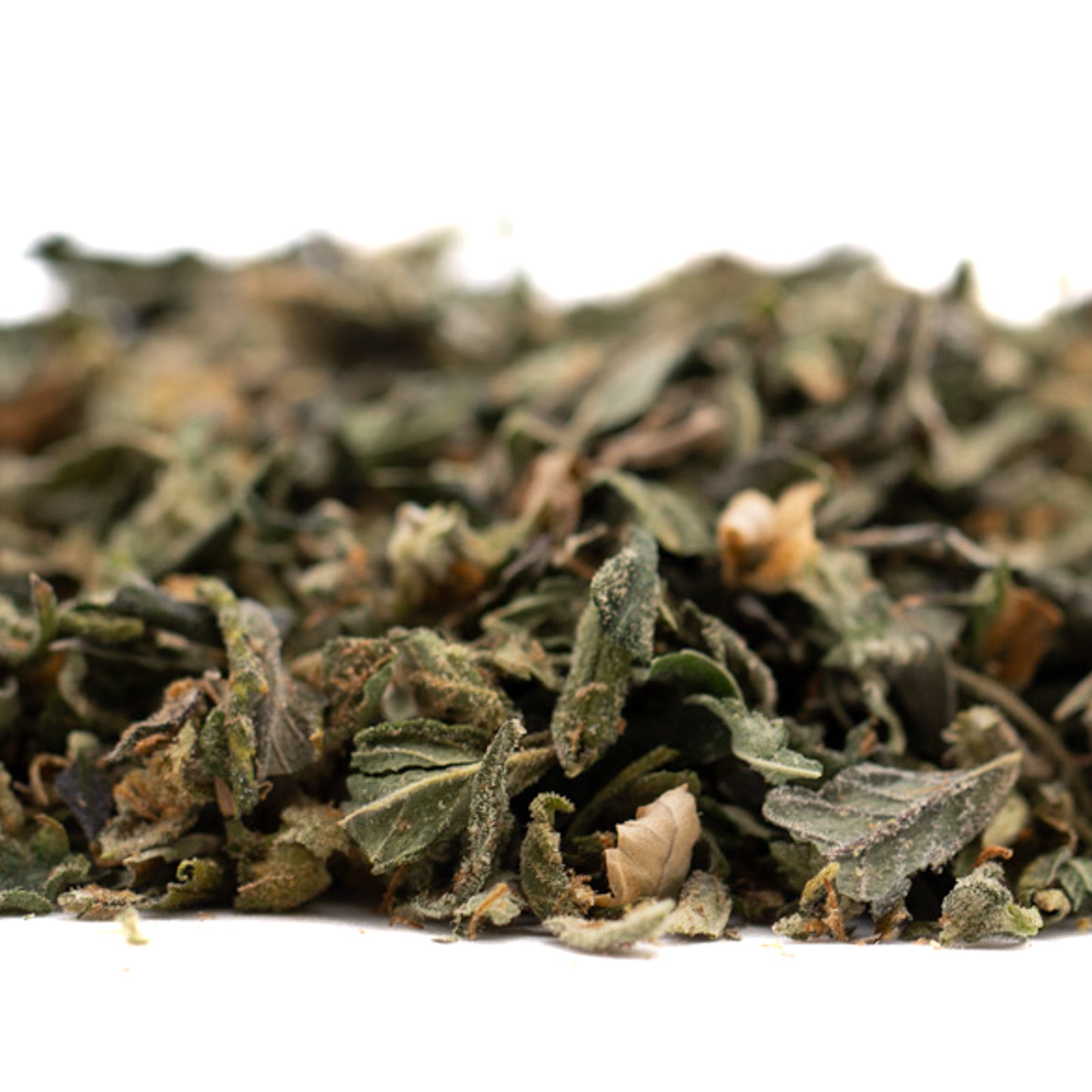 Dried green leafy herbs with trichome coverage labeled PREMIUM INDOOR for Hooch Indoor THCa Trim Wholesale 1LB