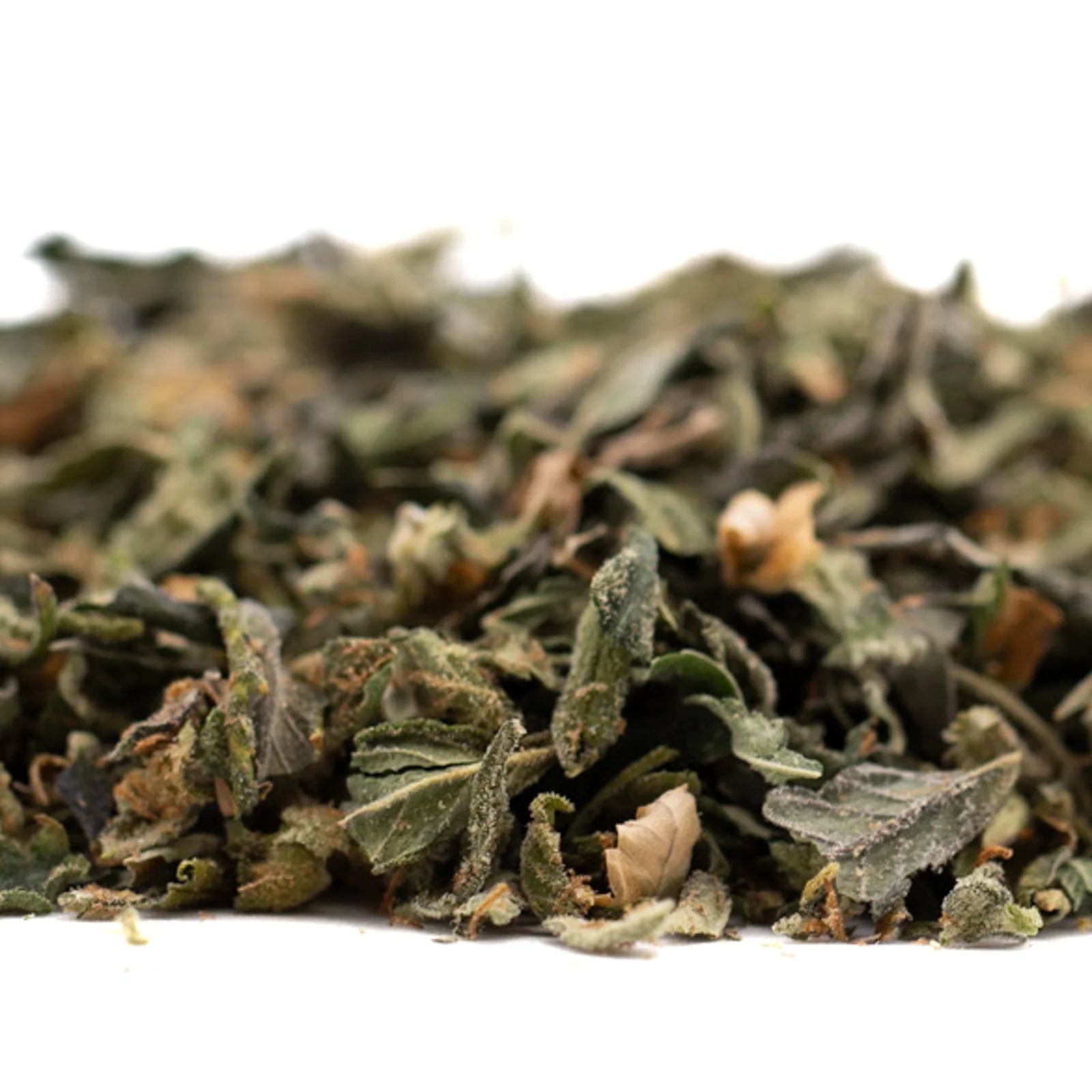 Dried green leafy herbs with trichome coverage labeled PREMIUM INDOOR for Hooch Indoor THCa Trim Wholesale 1LB