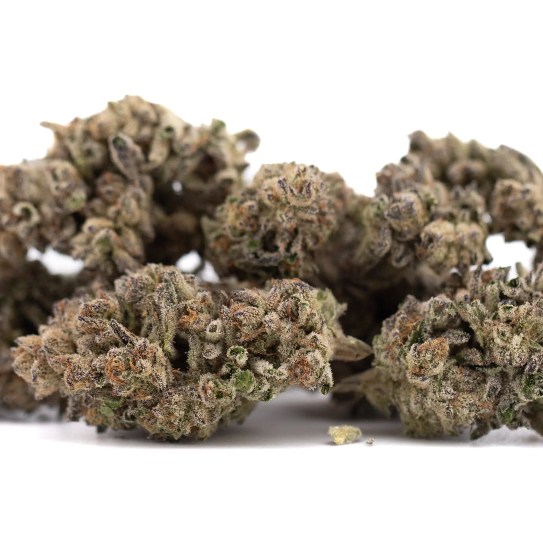 Mature hooch thca hemp flower greenhouse buds with dense frosty texture and earthy green brown tones by street guru