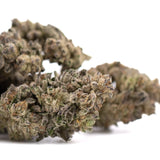 Mature hooch thca hemp flower from greenhouse thca with dense frosty trichomes and green brown purple hues by street guru purple city genetics