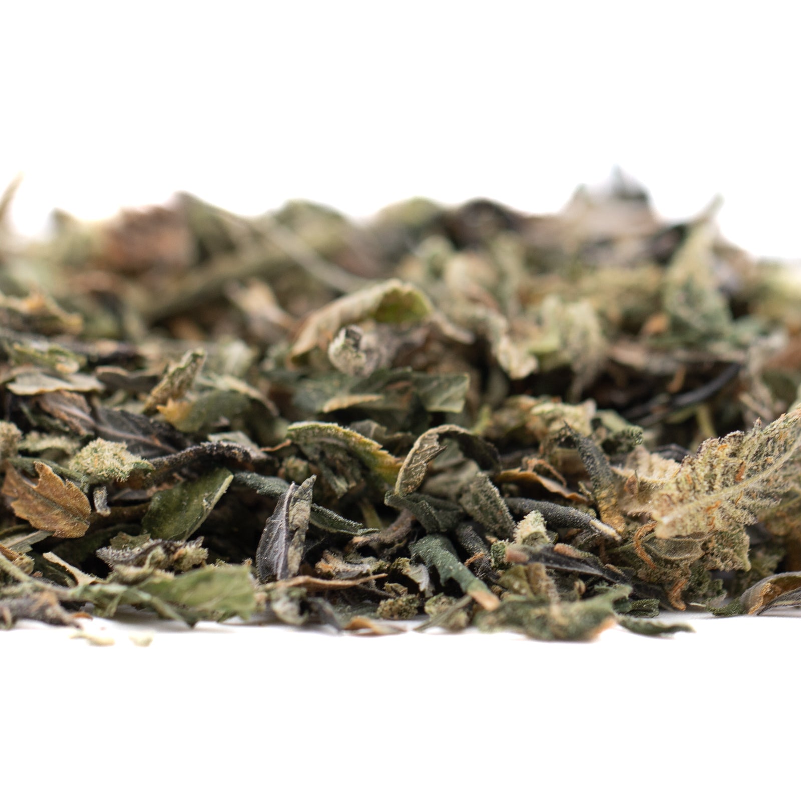 Huckleberry Diesel THCa trim hemp flower with green and brown leaves