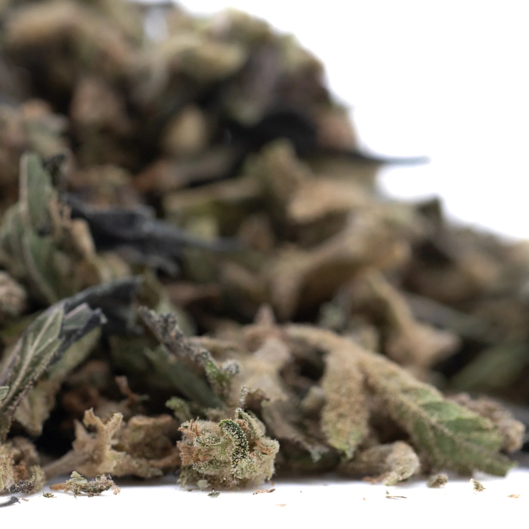 A pile of ice cream full-term thca flower buds with green and brown hues covered in trichomes showcasing rich terpene profile from indoor cultivation