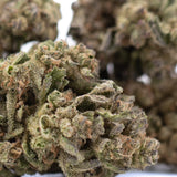 A dense green ice cream thca flower bud with frosty trichomes and orange pistils showcasing total cannabinoid potency