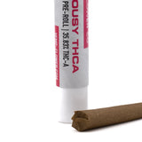 A white cylindrical tube labeled gourdy thca with red text containing jealousy 3583 percent thca pre-rolls product