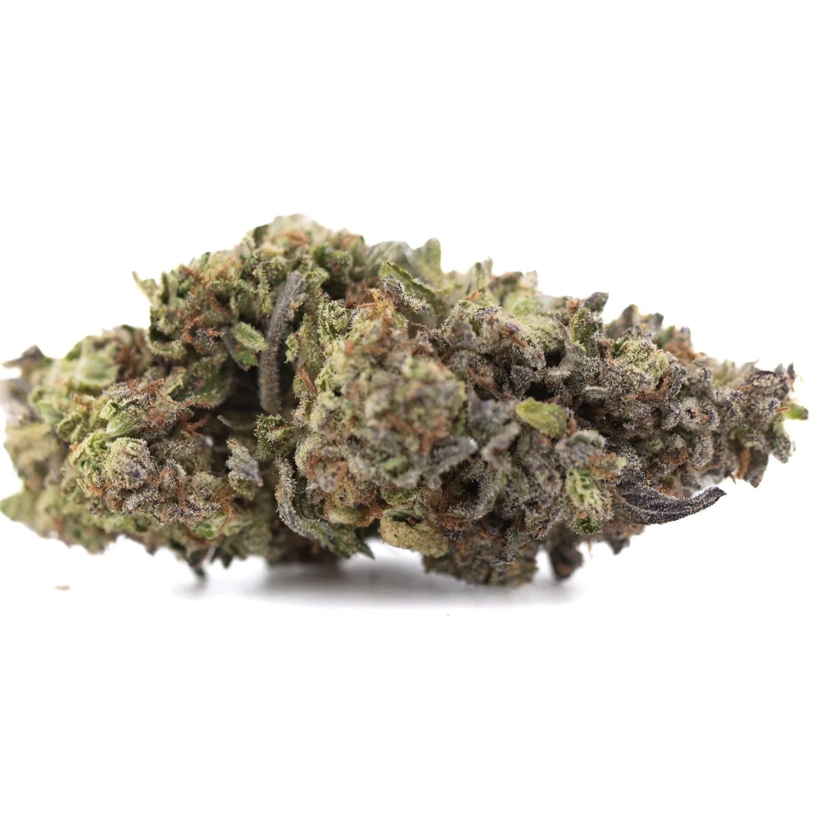 A dense jealousy greenhouse thca hemp flower bud with green and purple hues covered in fine trichomes for mental stimulation