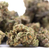 A dense green jealousy thca hemp flower with frosty trichomes and orange pistils rich in total cannabinoids