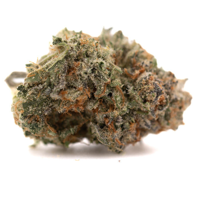 Jelly Bean Indoor THCa Flower with cured cannabis bud, orange pistils, trichomes, candy-like aromatics