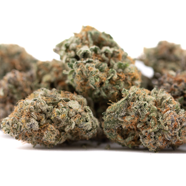 Jelly Bean THCa flower with cannabis buds, orange hairs, frosty trichomes, candy-like aromatics