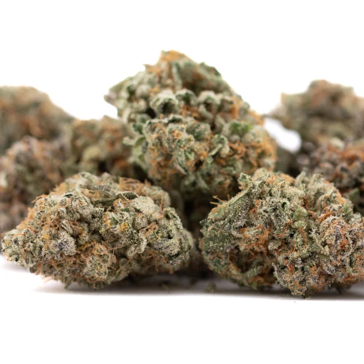 Jelly Bean THCa flower with cannabis buds, orange hairs, frosty trichomes, candy-like aromatics