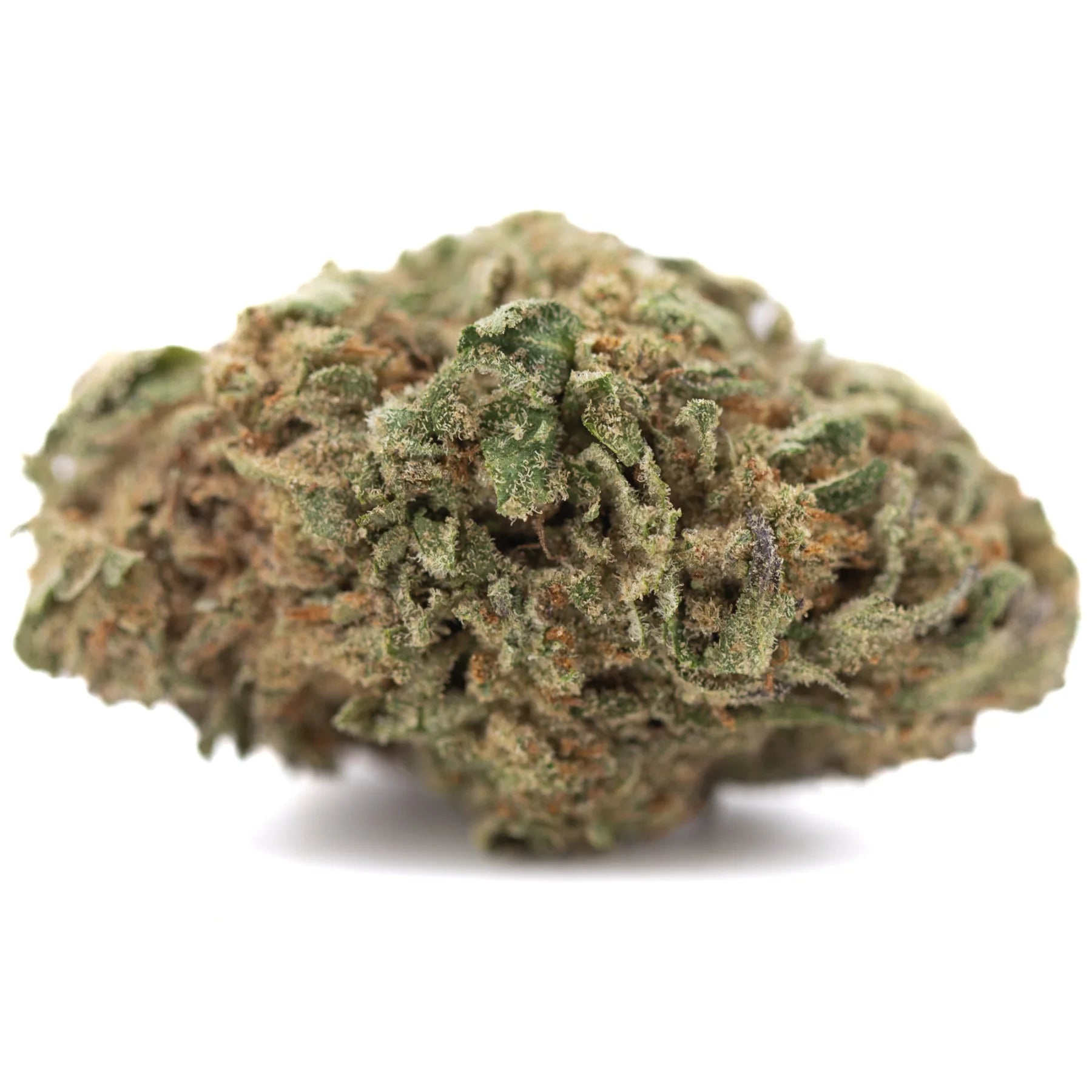 A dense irregular jokerz candy thca hemp flower with green brown hues and white trichomes for mood elevation