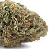 A dense green jokerz candy thca hemp flower with white trichomes and orange pistils grown in greenhouse cultivation