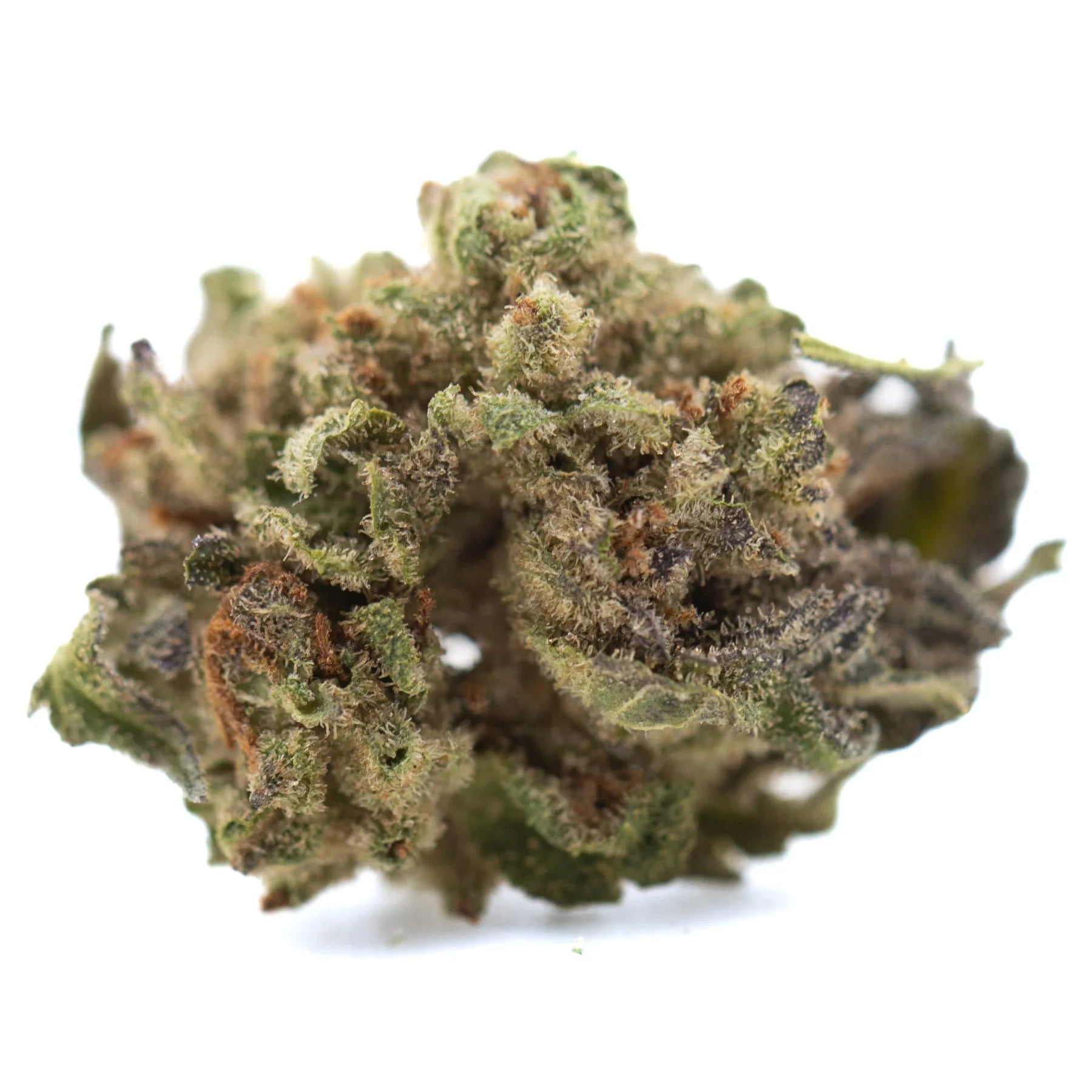 A dense jokerz nos thca hemp flower bud with green and brown hues covered in fine trichomes like jet fuel gelato