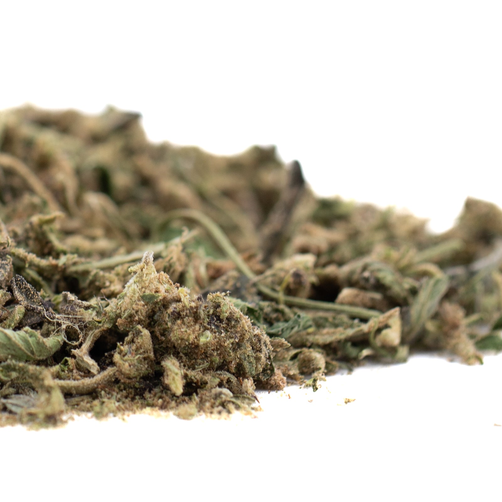 Dried herbs and plant material for Jokerz THCa Trim Wholesale 1LB featuring white Runtz and Jet Fuel Gelato strains