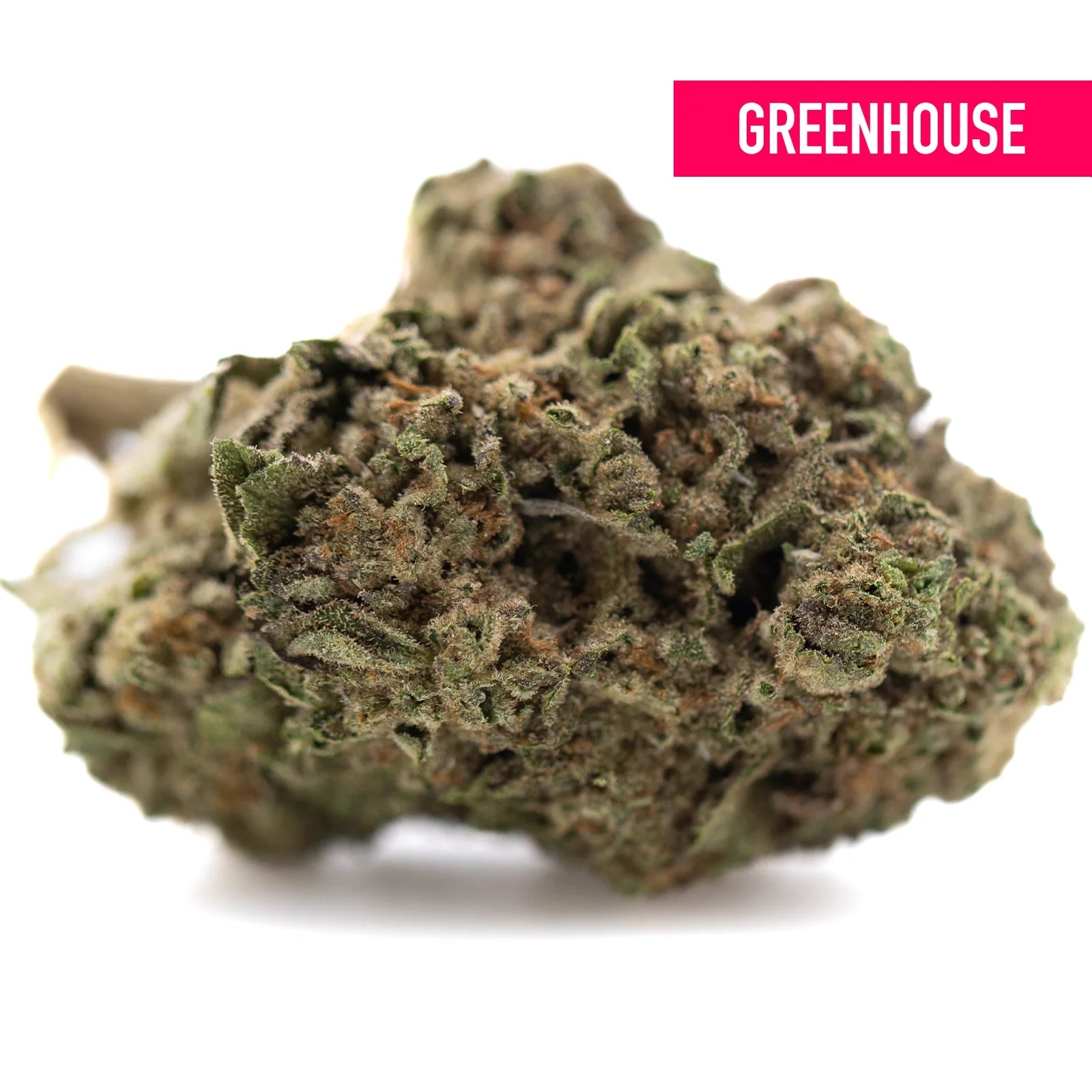 Dense green and brown lemon cherry gelato greenhouse thca flower bud covered in frosty trichomes with textured surface