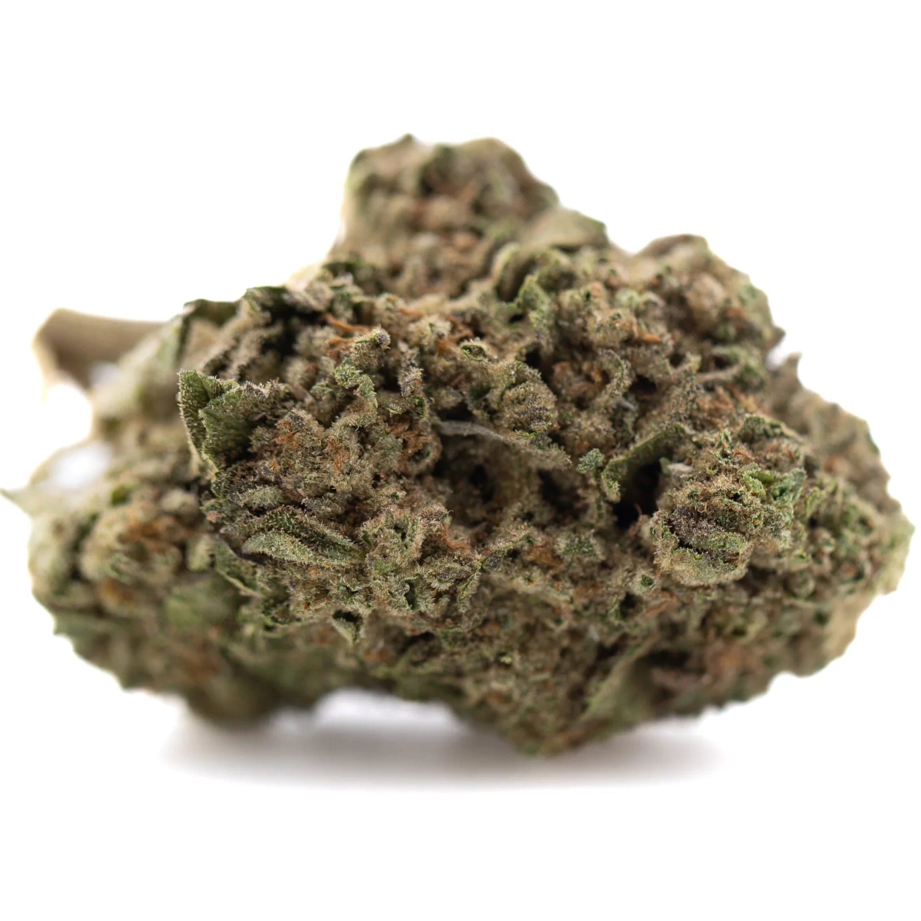A dense green and brown lemon cherry gelato greenhouse thca flower bud covered in trichomes with cherry pie notes