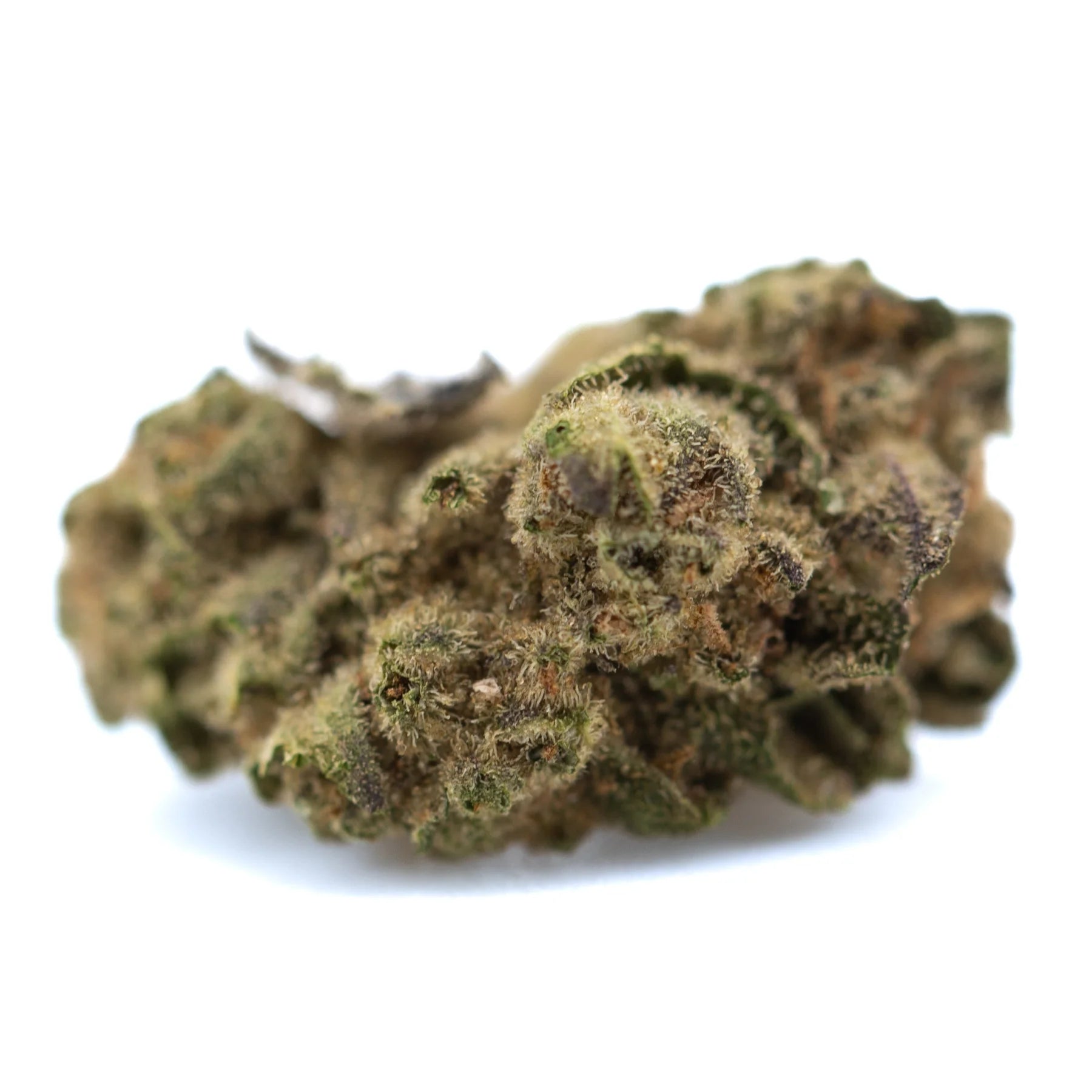 A dense lemon cherry gelato thcA hemp flower bud with green and brown hues covered in white trichomes