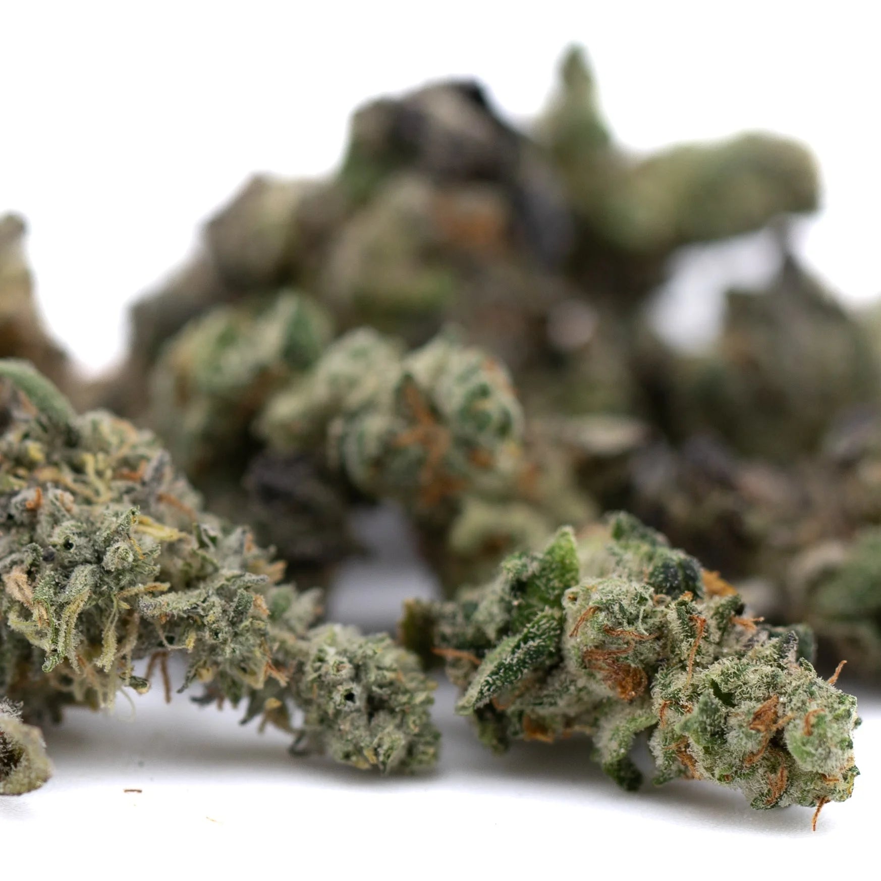 Green and orange-hued lemon octane cbd smalls flower with a frosty textured surface in smalls hemp flower form