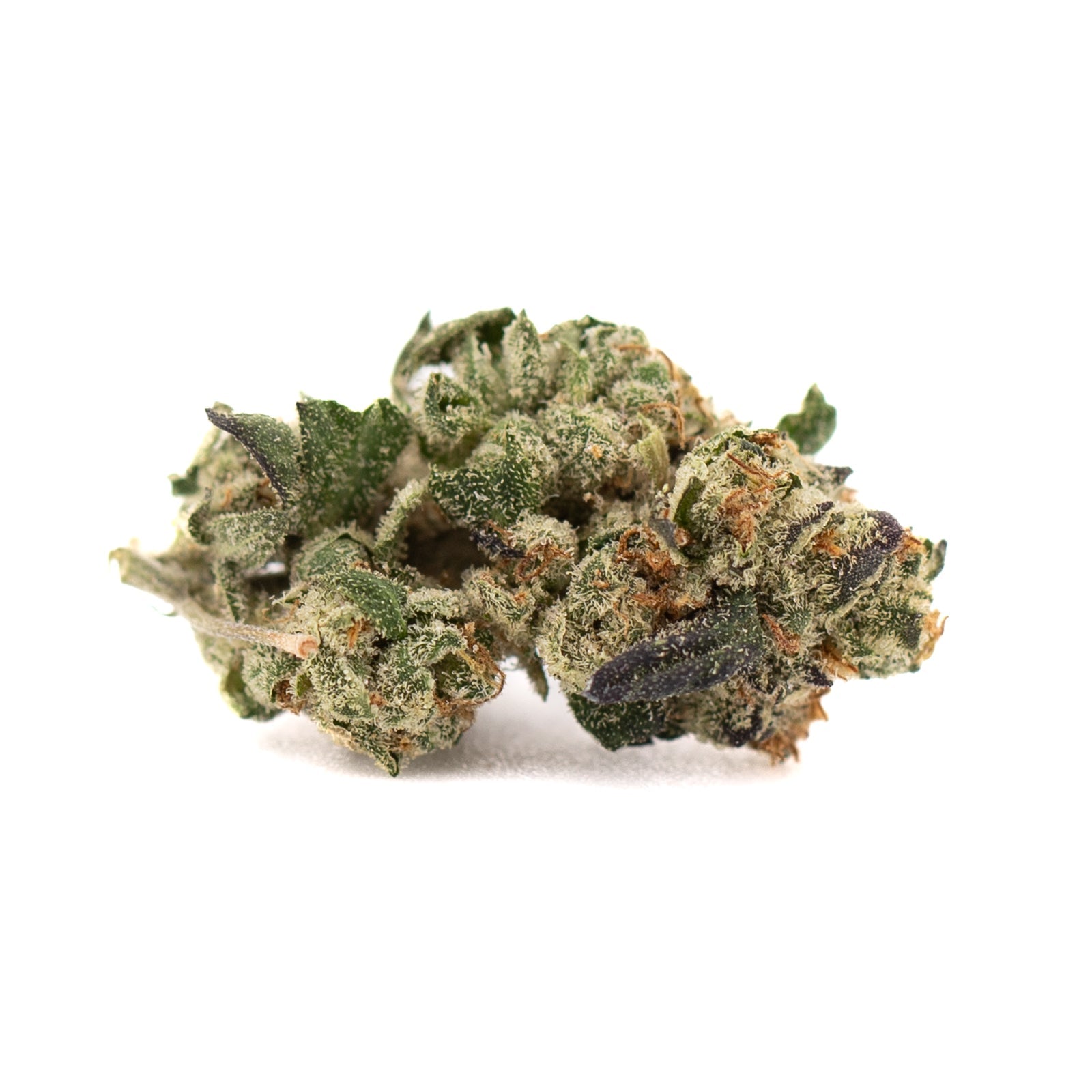 Dense trichome-covered Lung Buster Indoor THCa Flower Smalls with green, orange, purple hues