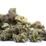 Mega Gummie Bearz THCa flower smalls: green purple buds with trichomes