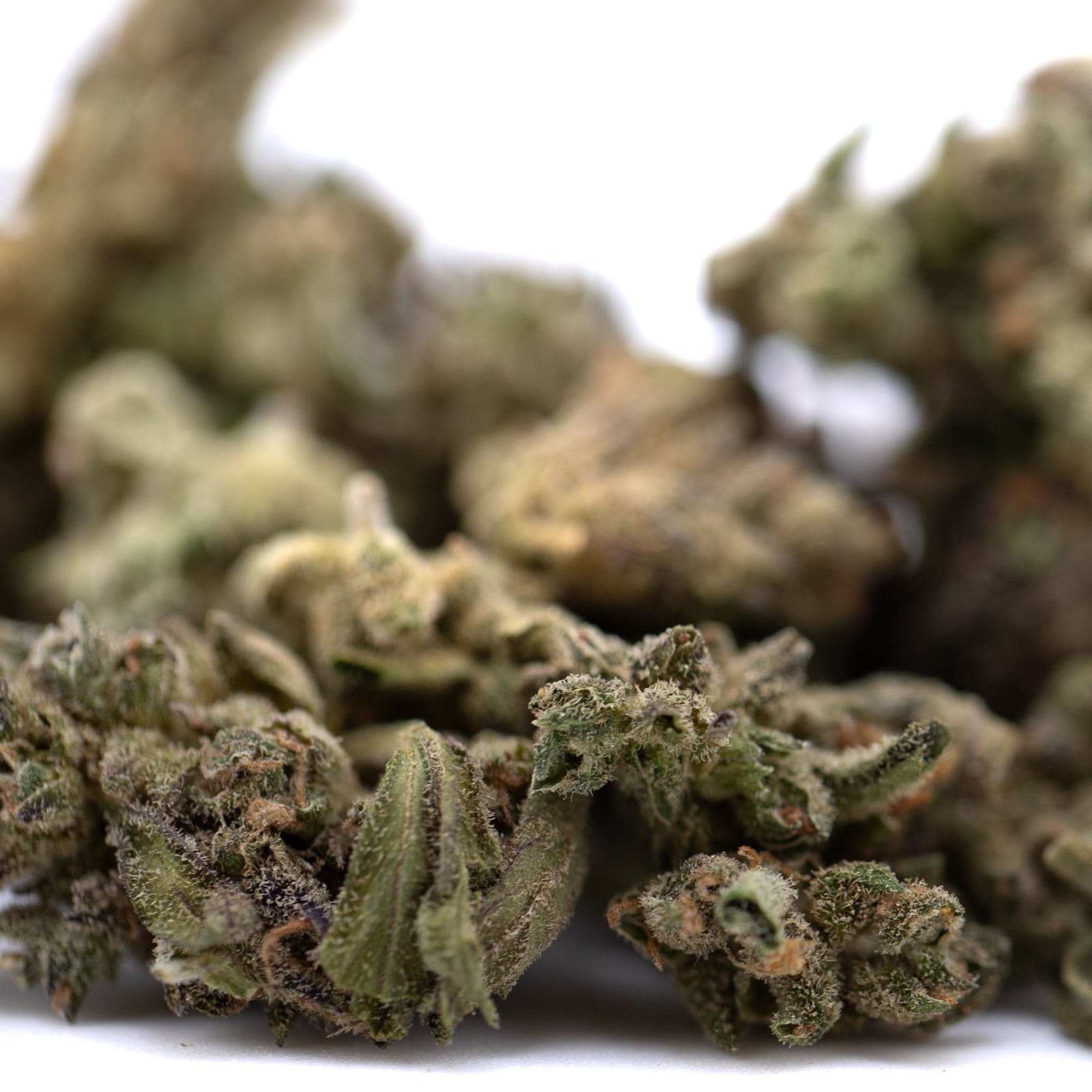 Mendo Breath THCa flower smalls: green and purple bud with trichomes