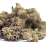 A dense green and brown money ball’s hemp flower bud with textured surface from gary poppins greenhouse smalls