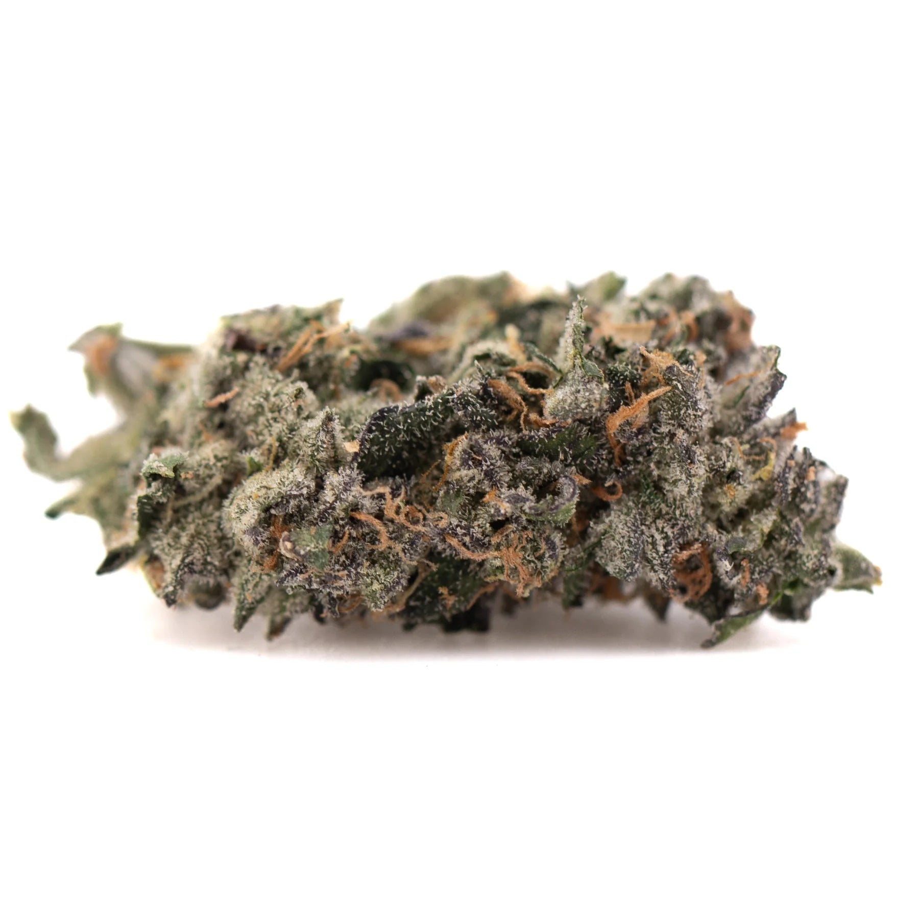 A dense frosty green mountain huckleberry hemp flower bud with orange and purple hues featuring oregon blueberry notes