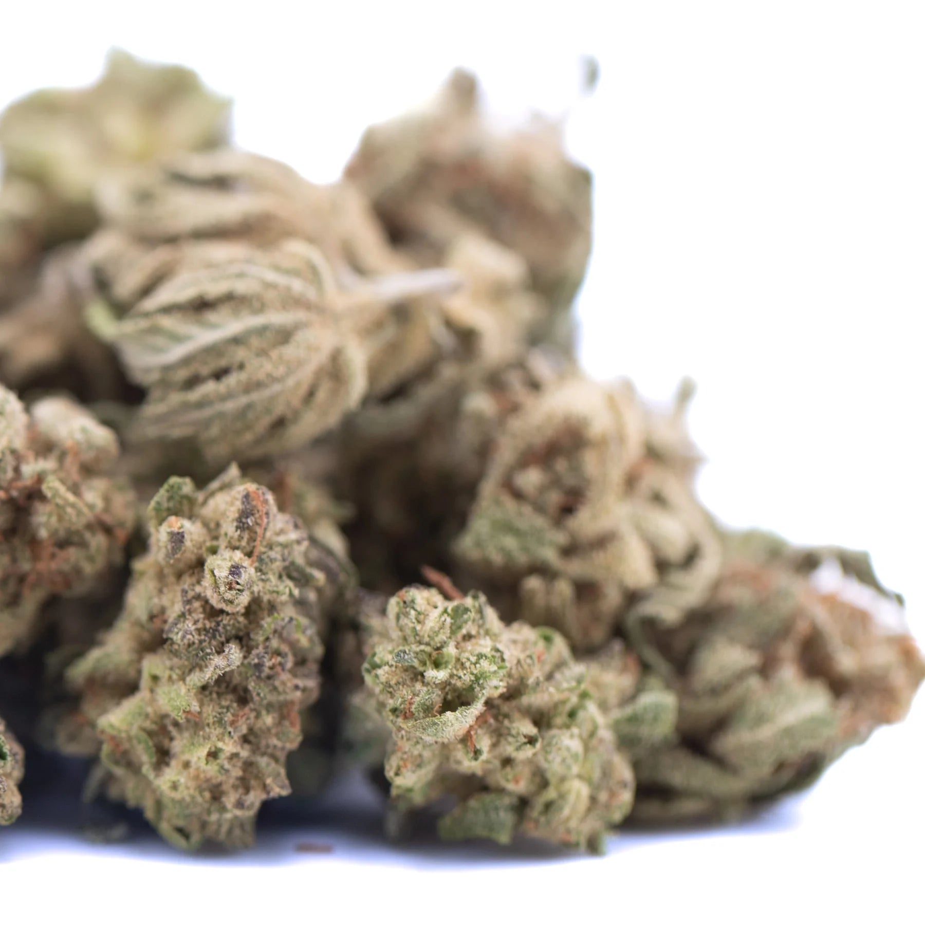 Dried Nascar THCa hemp flower greenhouse smalls with green and brown hues and fine trichomes for physical relaxation