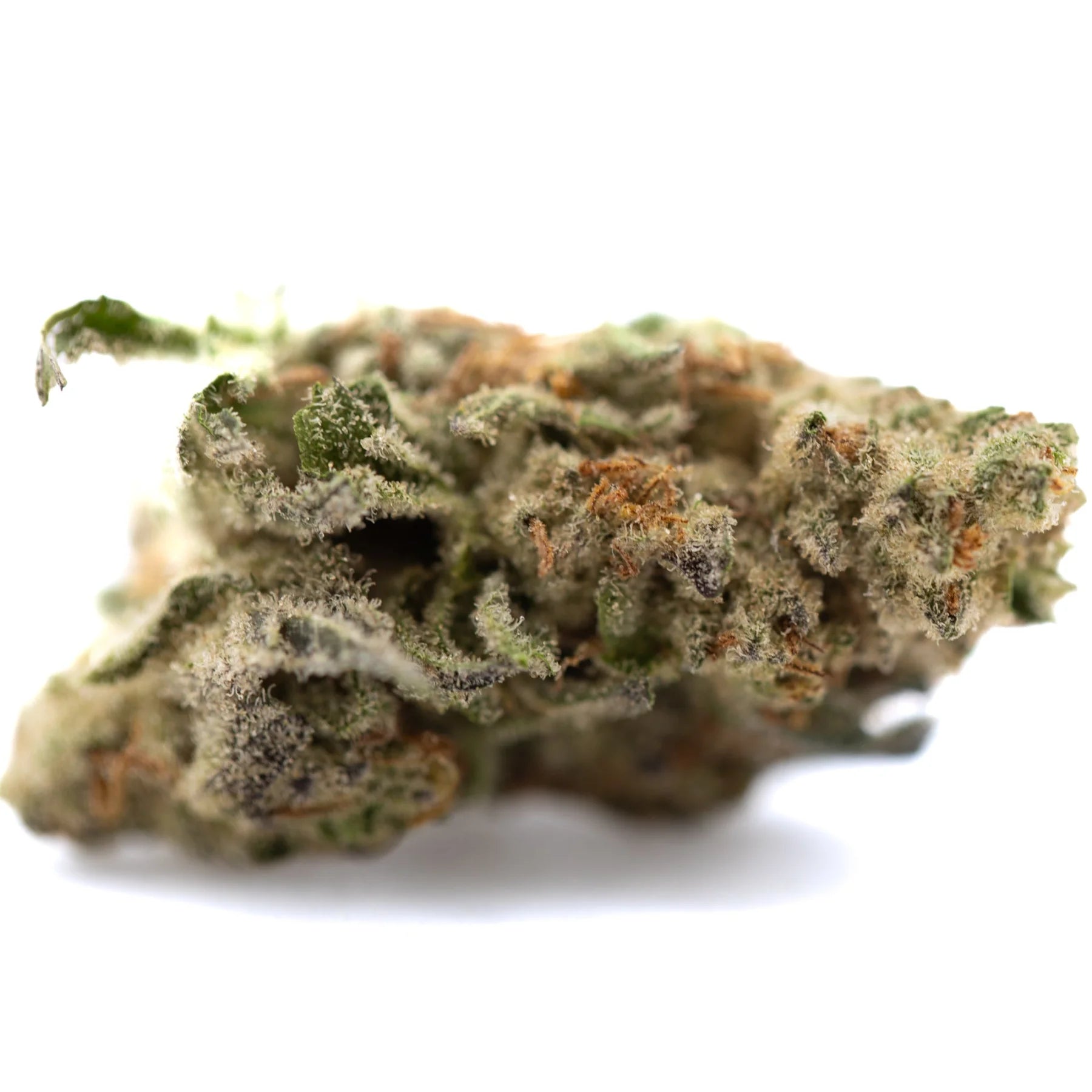 Dense resinous nectarine jelly thca greenhouse hemp flower smalls with green orange hues and white trichomes