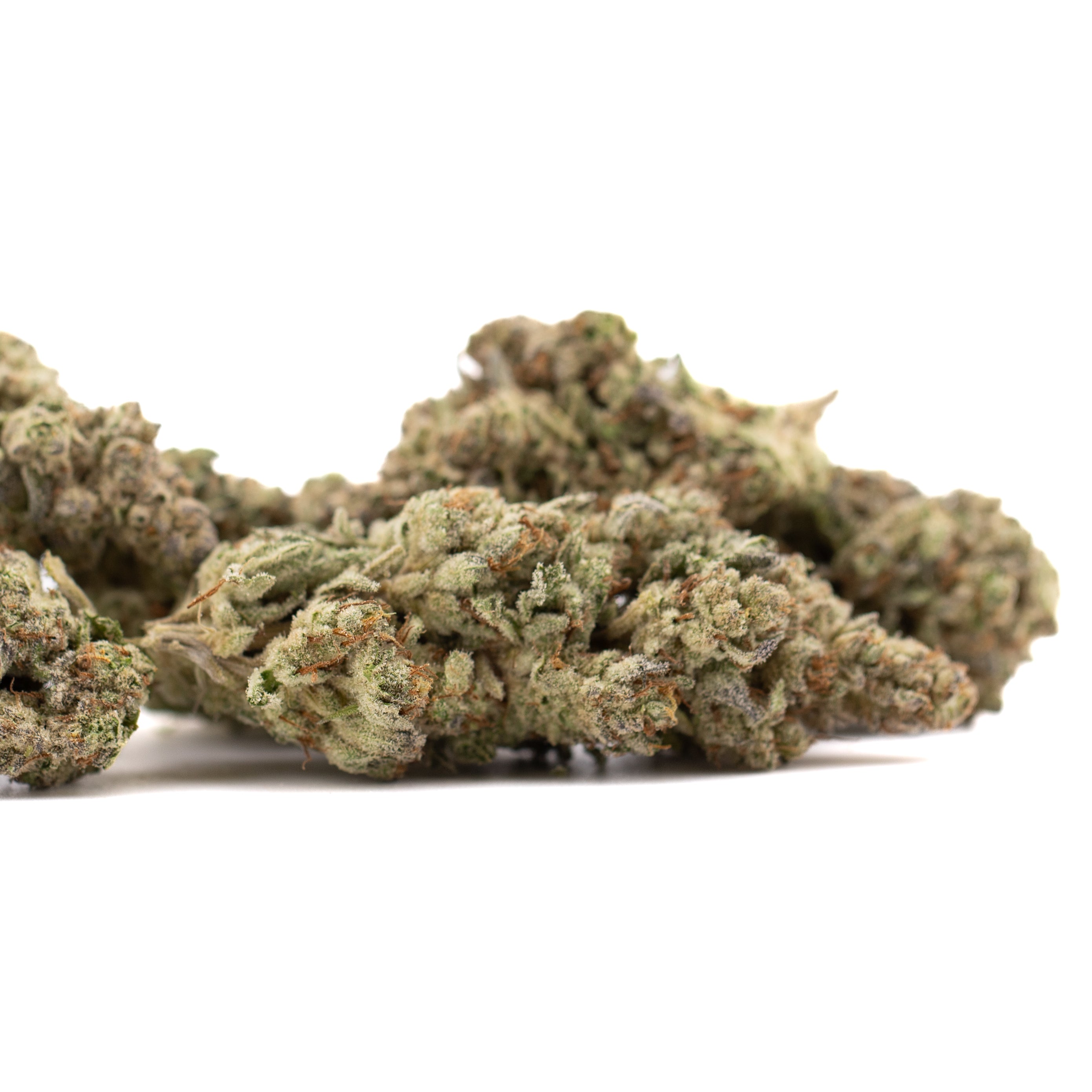 Nectarine Jelly THCa Hemp Flower: Green and brown marijuana bud with dense resin glands