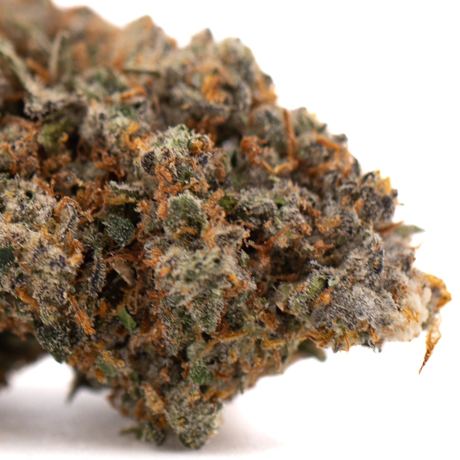 Green and orange Nectarine Jelly THCa hemp flower with white trichomes, Greenhouse brand