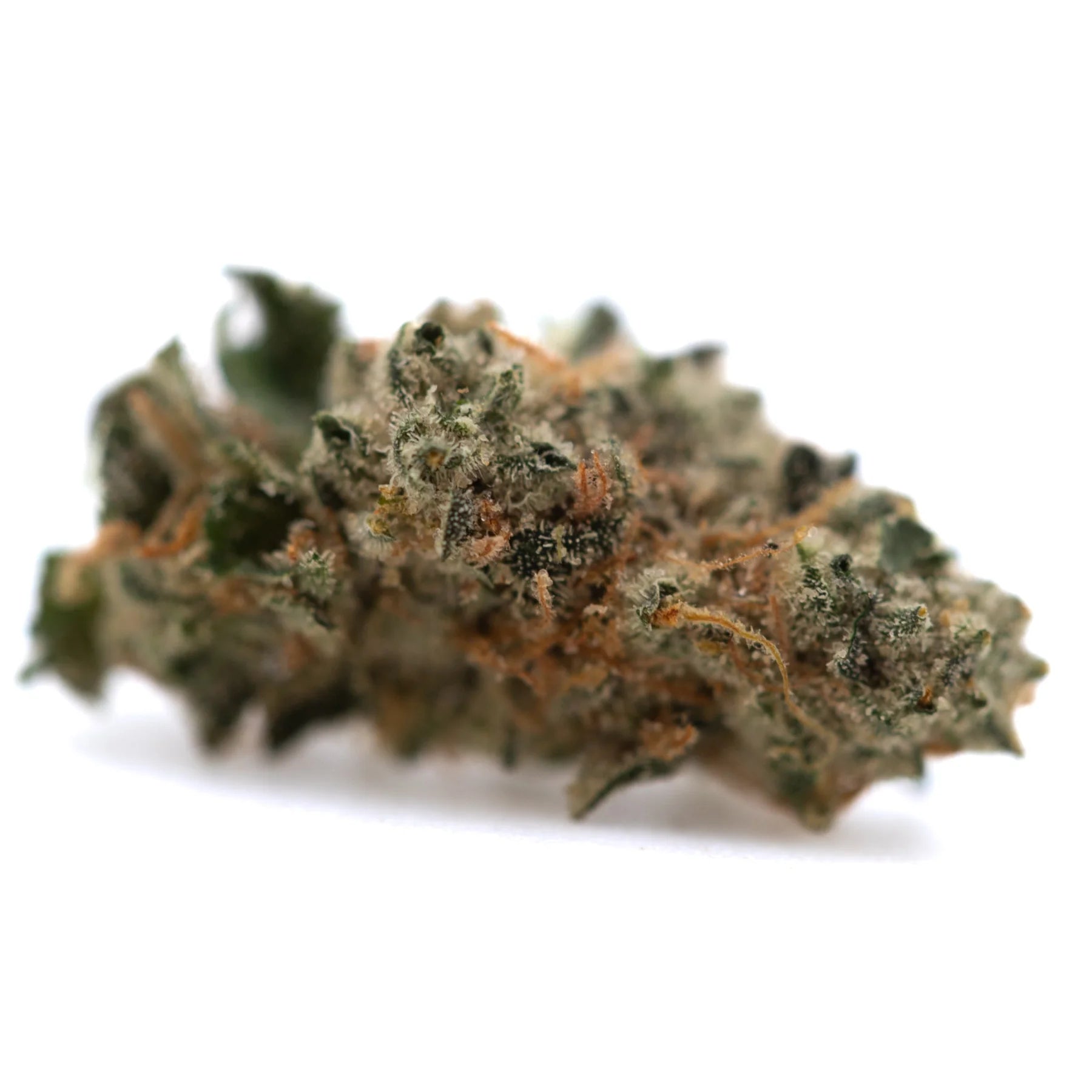 A dense green and orange northern lights indoor thca flower smalls bud with a frosty textured surface