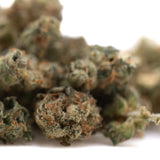 Green and orange-hued northern lights indoor thca flower smalls with dense frosty texture cannabis buds