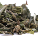 Dried green tea leaves with light and dark shades and curled edges in orange runtz greenhouse thca trim wholesale