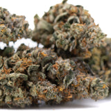A dense frosty orange runtz indoor thca flower bud with green and orange hues and african orange traits