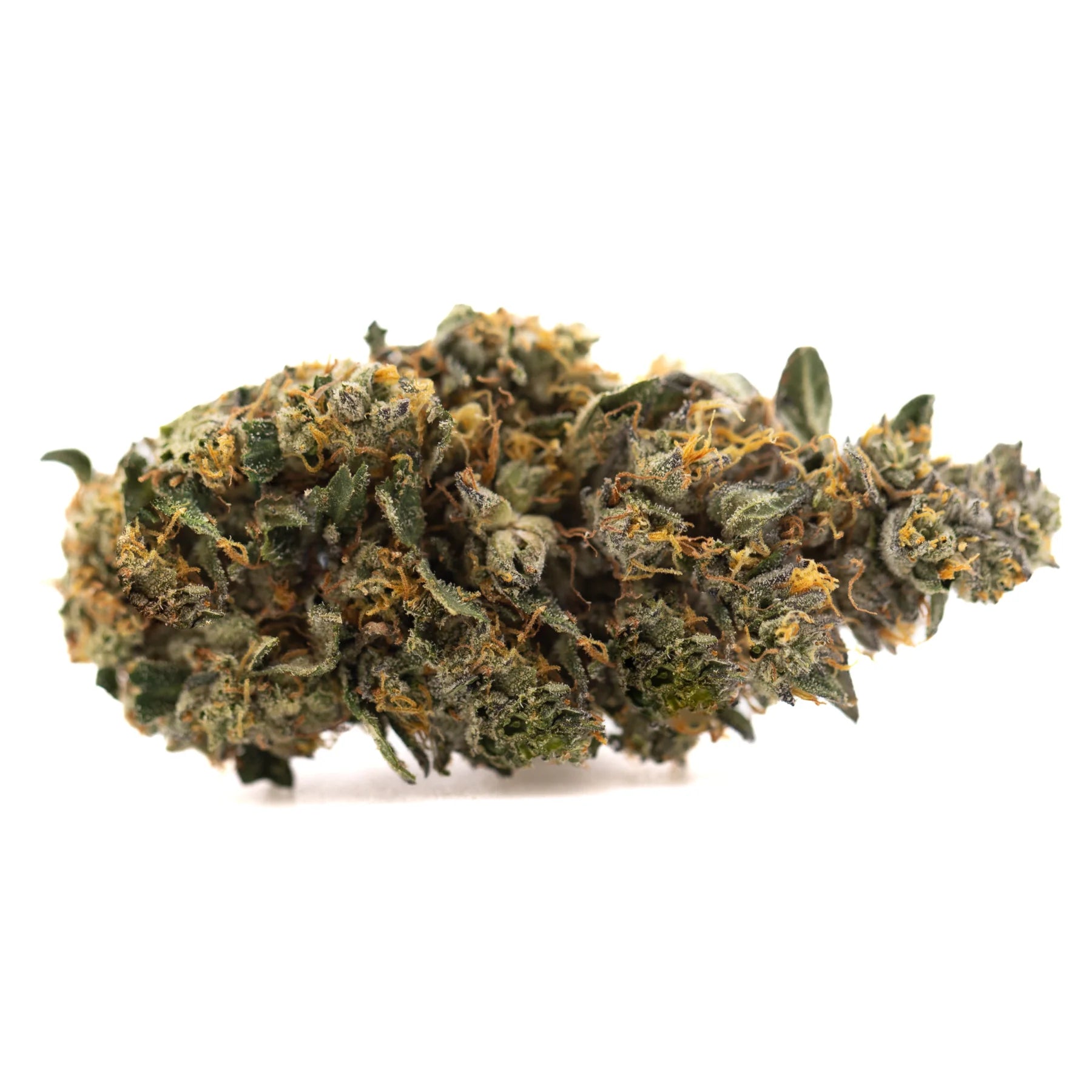 Dense resinous orange runtz indoor thca flower bud with green amber hues and fine trichomes from african orange strain