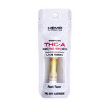 White packaged 1ml peach berry thca vape cartridge with live resin 98.01 potency in clear hemp flower co pouch