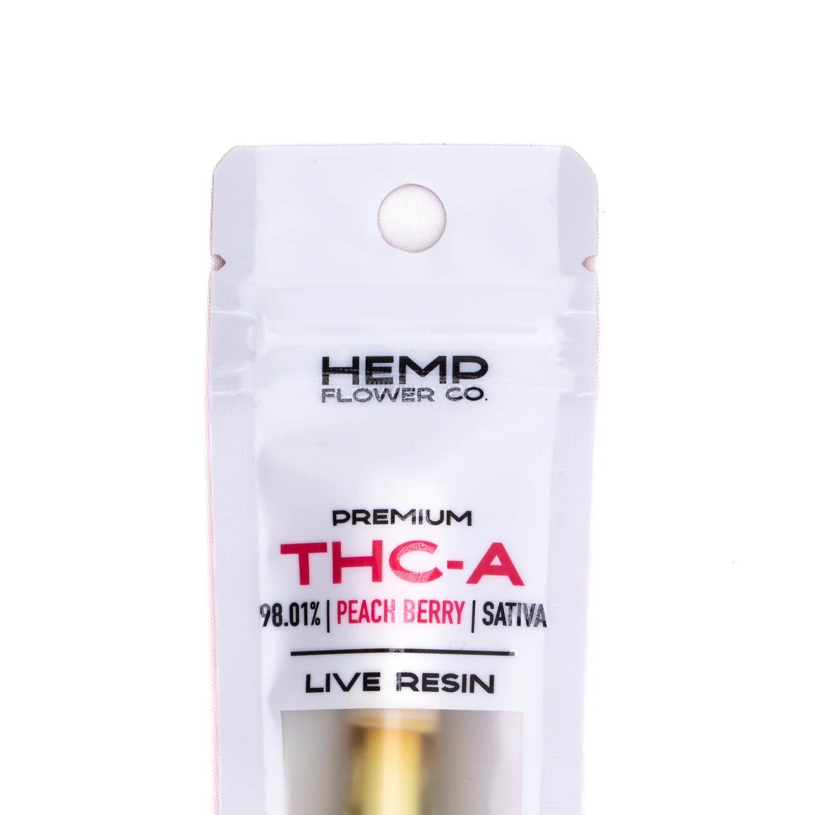 White pouch containing golden peach berry live resin thca vape cartridge by hemp flower co with 1ml capacity