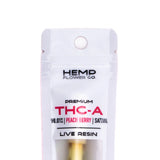 White pouch containing golden peach berry live resin thca vape cartridge by hemp flower co with 1ml capacity