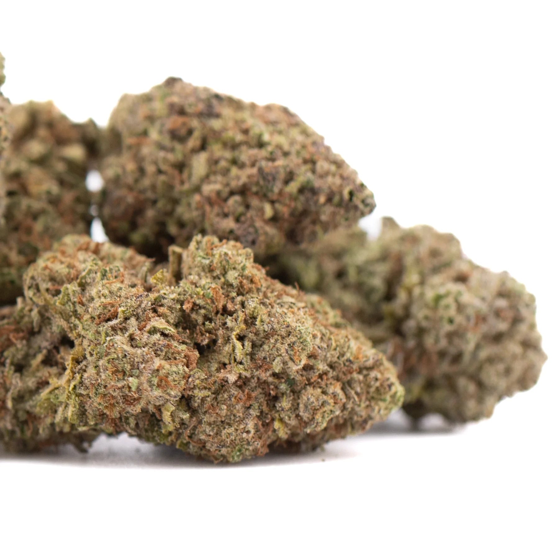 Bud of peach pie thca hemp flower with dense textured surface in shades of green and brown for rainbow pie thca flower