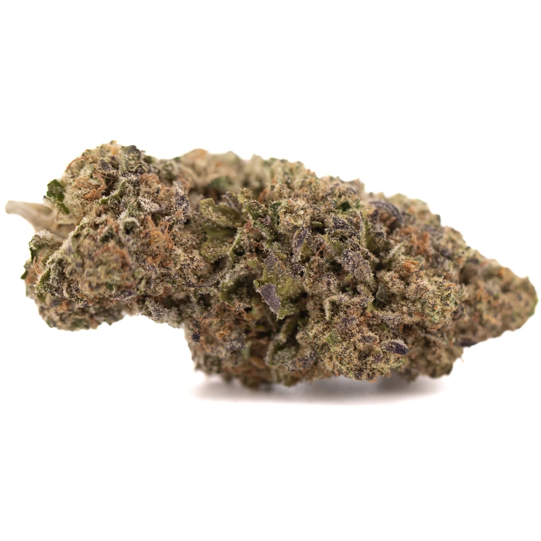 A dense textured peach pie thca hemp flower with green brown and purple hues covered in fine trichomes