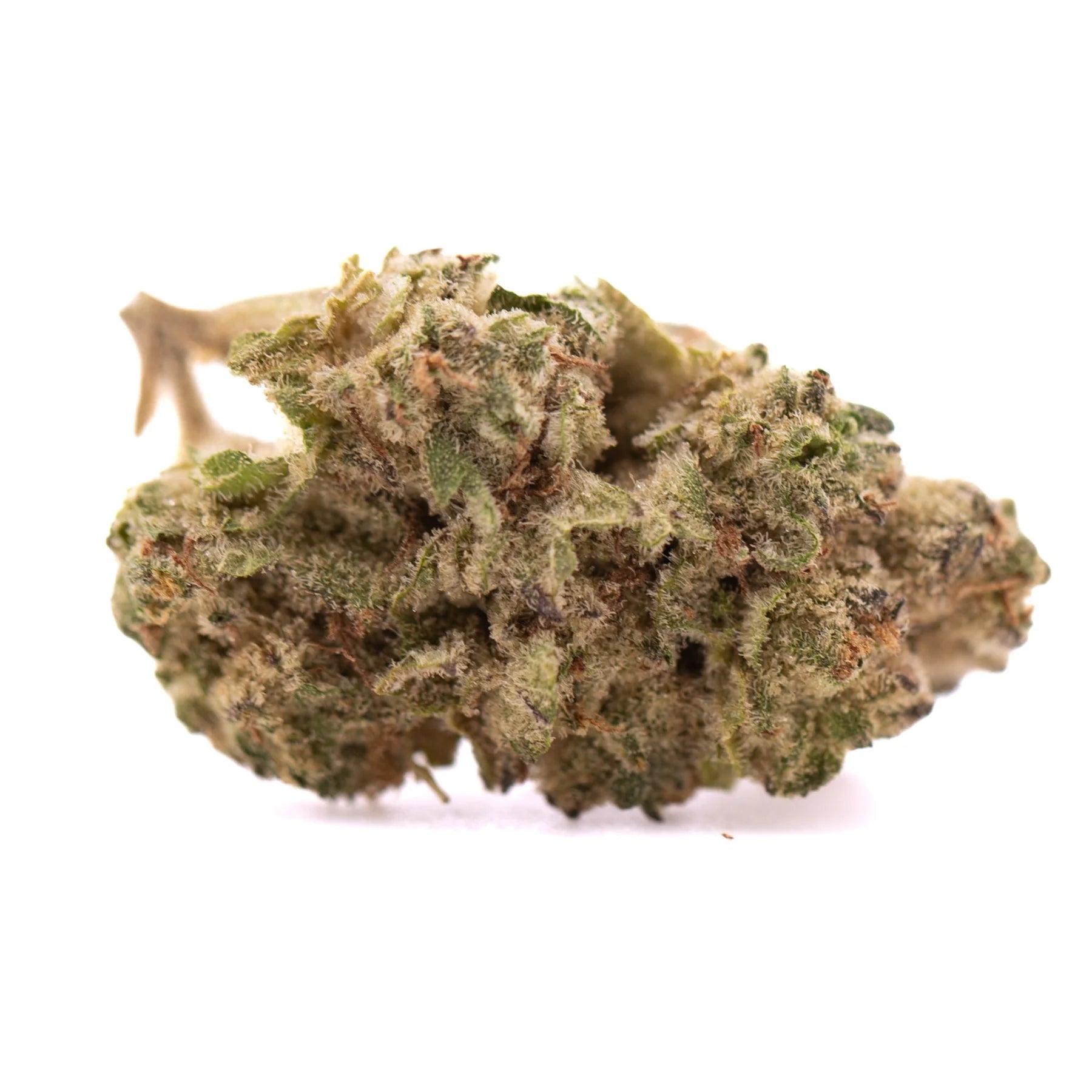 A dense green peach pies thca smalls hemp flower greenhouse bud with fuzzy texture and brown trichomes