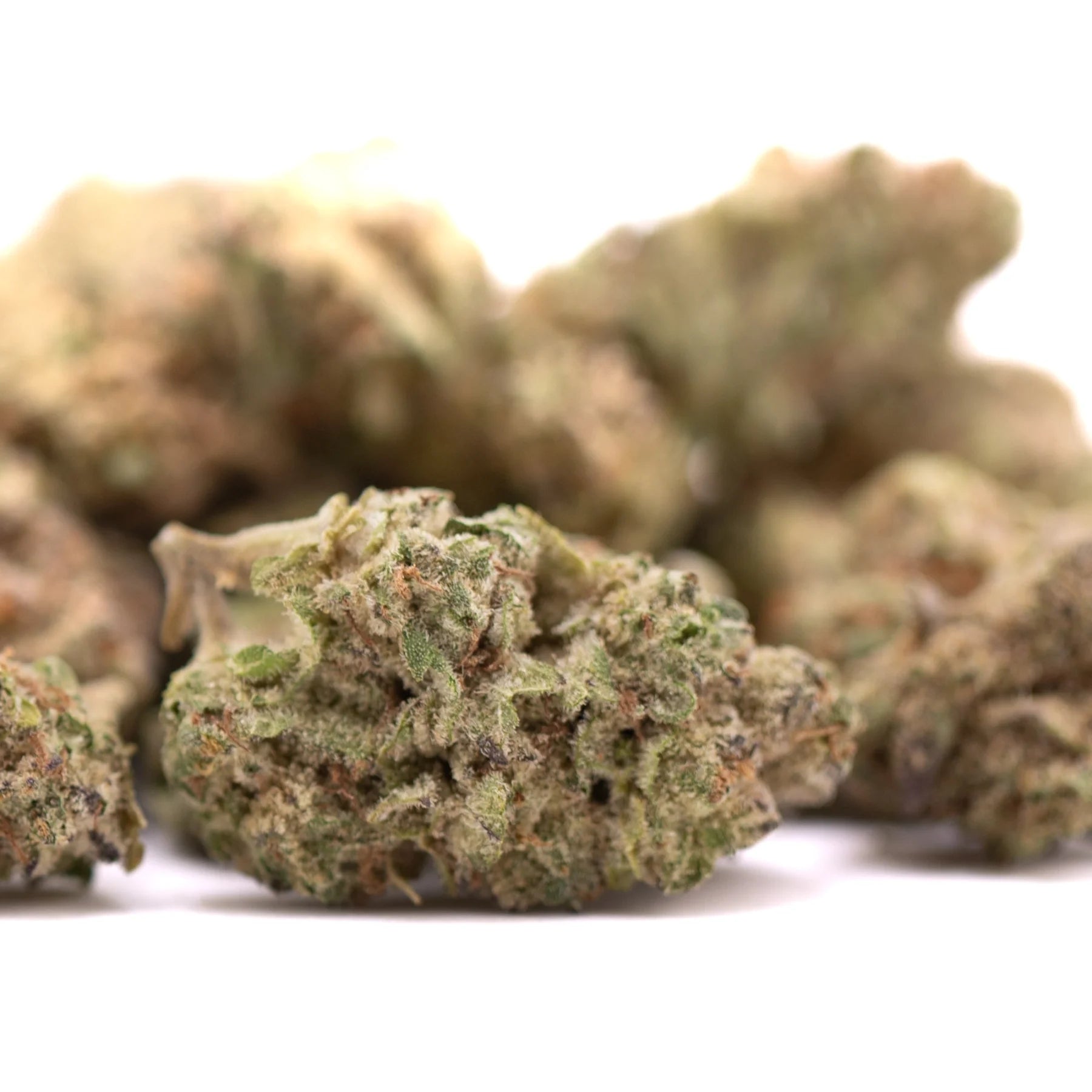 Peach pies thca smalls hemp flower greenhouse with green and brown frosty textured cannabis buds