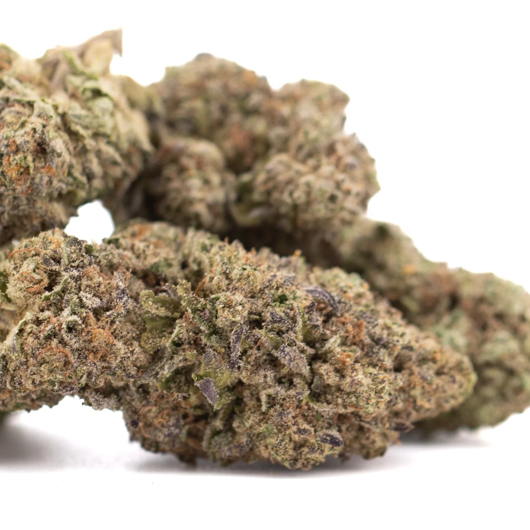 Lush dense peach pie hemp flower buds with textured green and brown surface high in total cannabinoids