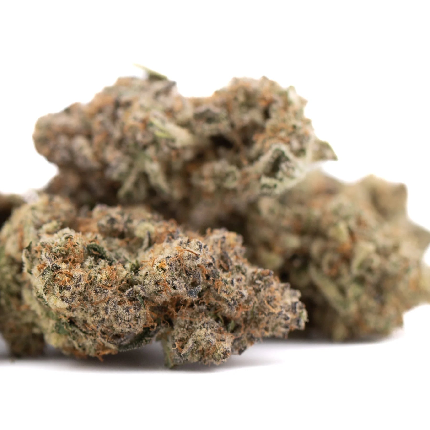 A dense resinous peach rainbow indoor thca flower bud with green and orange hues in indoor hemp flower form