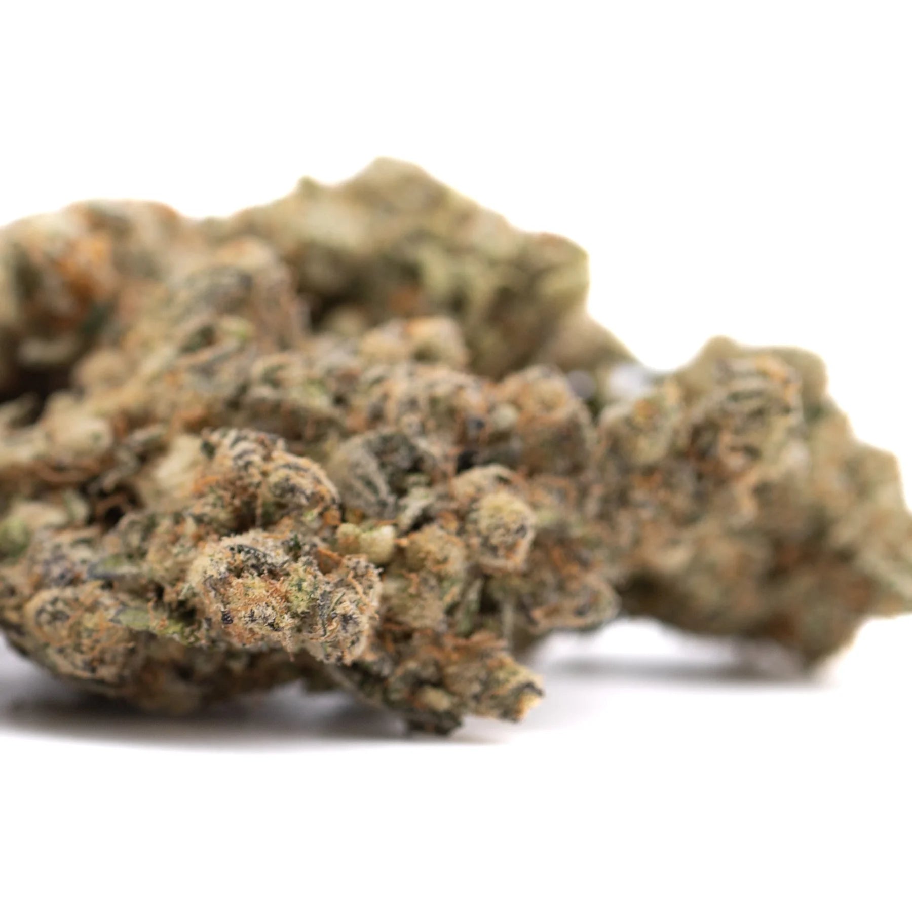 A dense textured peach rainbow indoor thca flower bud with green and brown hues and sour peach aroma
