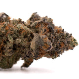 A dense resinous pez indoor thca flower bud with green brown and purple hues covered in fine trichomes premium indoor thca