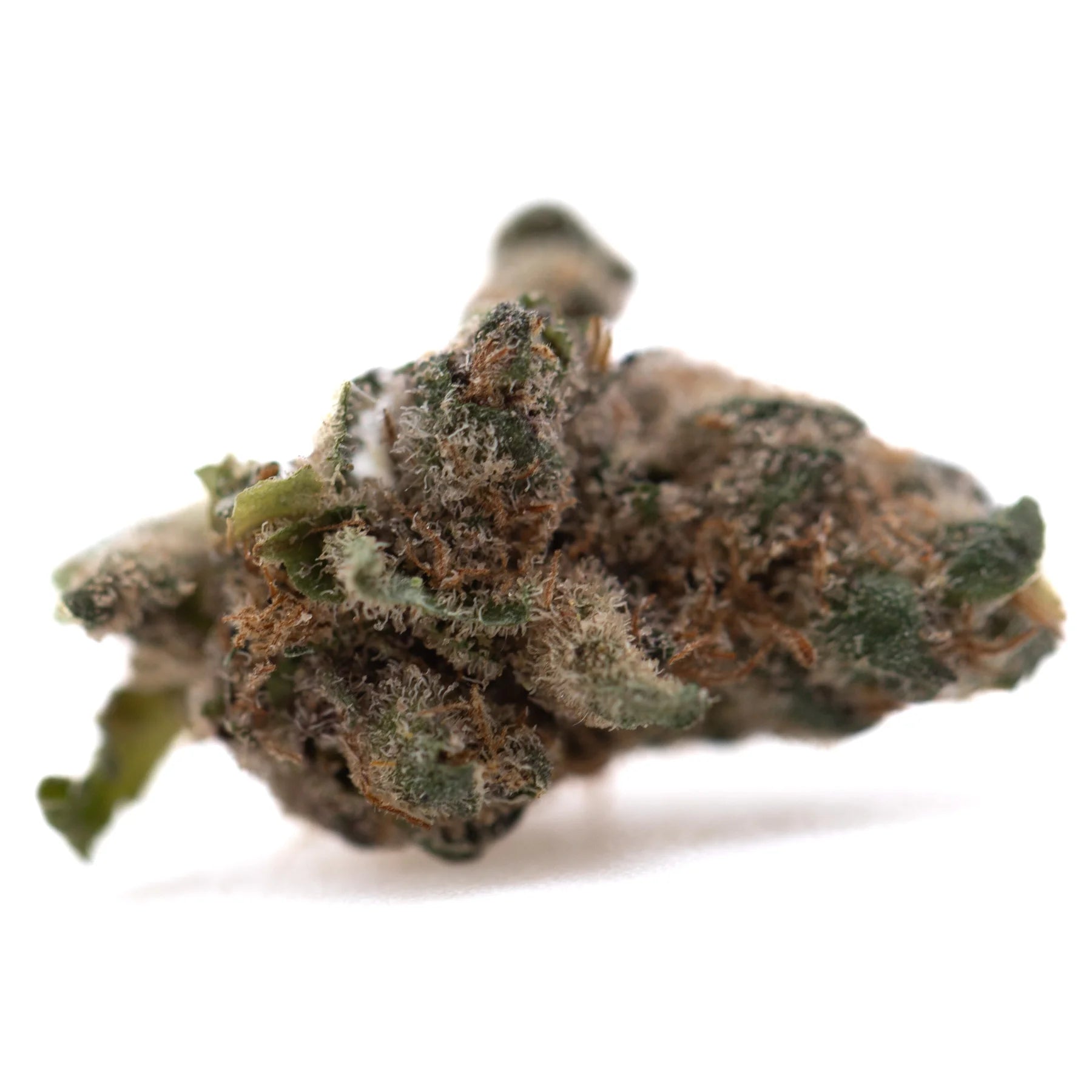 A dense green and brown pineapple express thca flower smalls hemp flower bud covered in white trichomes