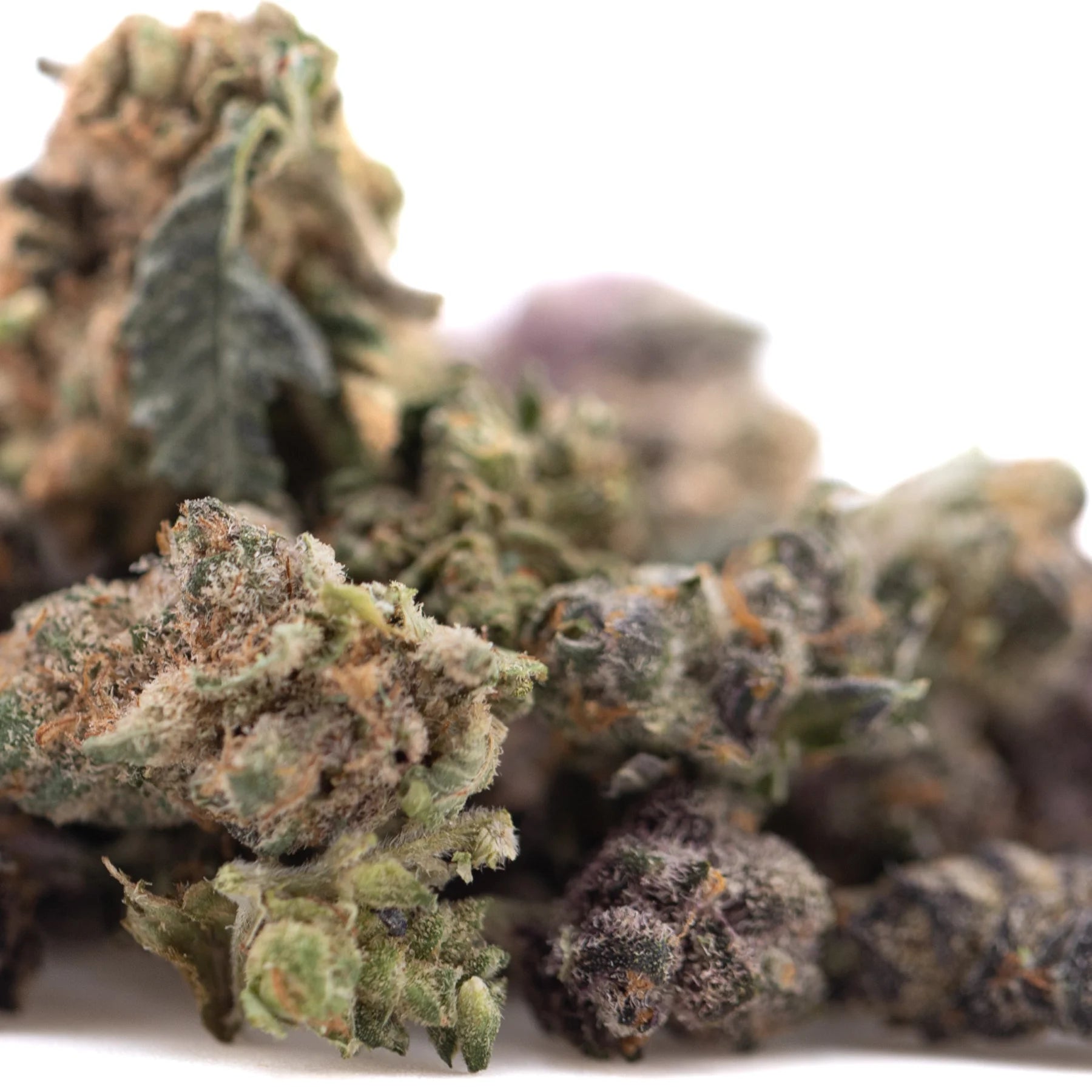 A dense green and purple pineapple express thca flower smalls hemp flower bud with frosty white trichome coating